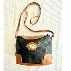 Vintage Dover Crossbody Bag Pebbled Leather Navy Blue Tan Two Tone Small Purse